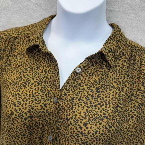 Free People Celia Blouse Womens XL Gold Leopard Cropped Tie Front Puff Sleeve - Picture 3 of 10